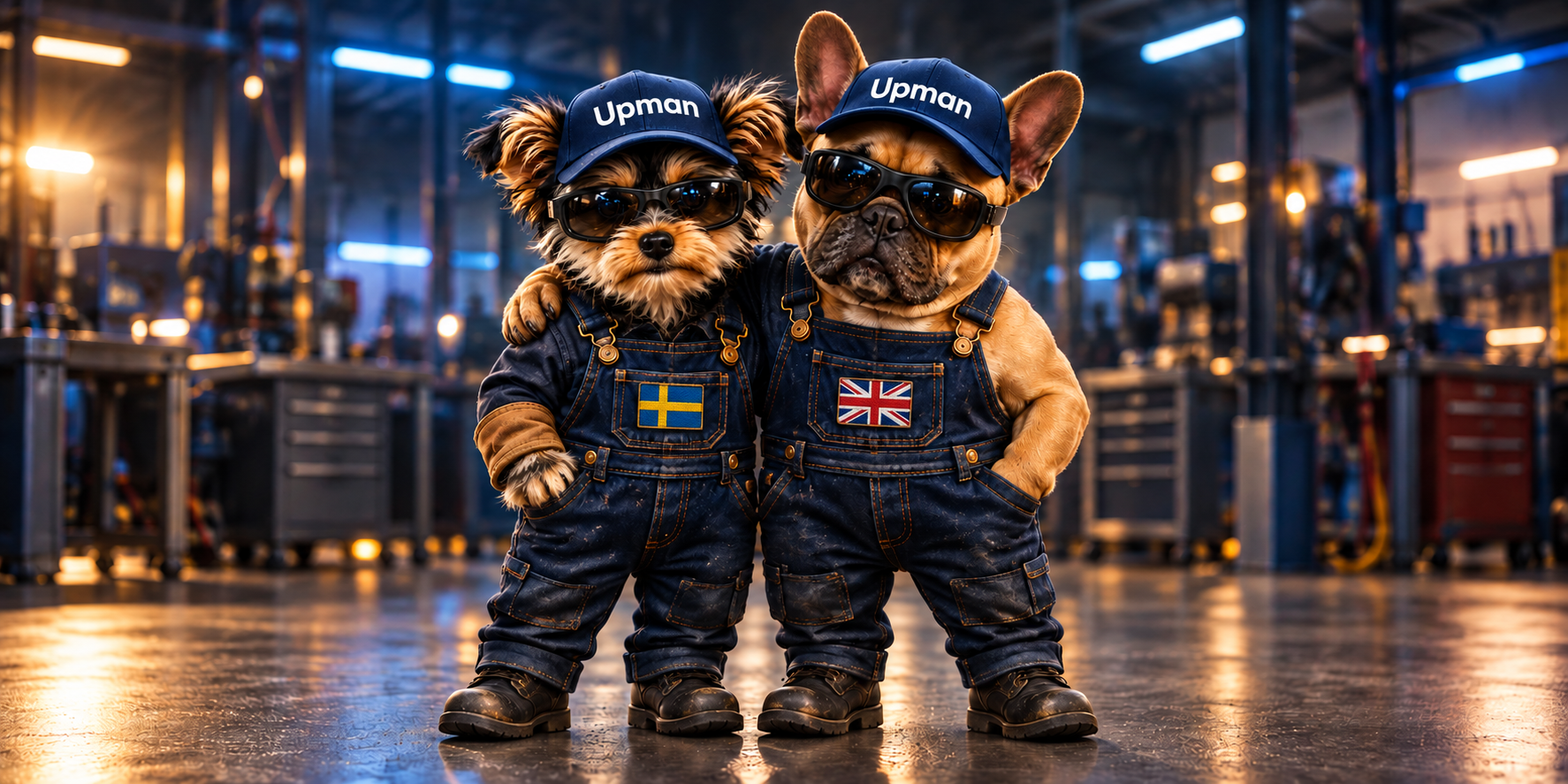Doris och Winnie, UPMan Swedens och UPMan Laser UKs maskotar, sida vid sida i verkstadsmiljö